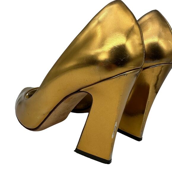 Yves Saint Laurent Metallic Gold Chunky Heel Peep Toe Pumps EUC 37 US 6.5 - Picture 10 of 16